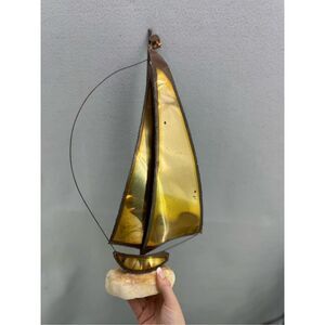 Vintage Brass Sailboat Sculpture On Onyx signed by Artist Demott 22” Tall
